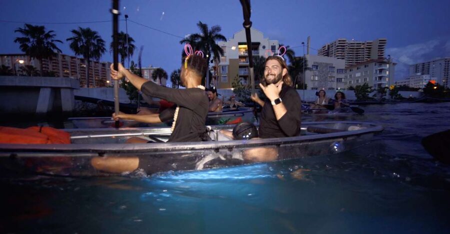 Lighted Clear Kayaks at Night w/ Champagne in Miami Beach - Why a clear kayak changes the Miami Beach night view