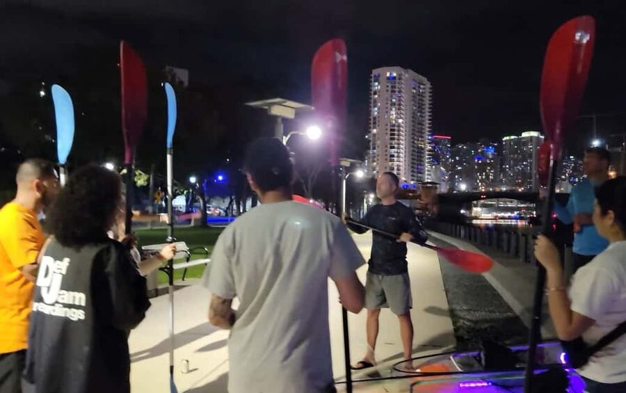 Miami: Guided LED-Lit Kayak Night Tour - The skyline from water level